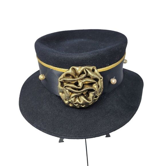 Vintage Steampunk 100% Wool Felt Top Hat Black Gold 3D Rosette USA Cosplay - Picture 2 of 7